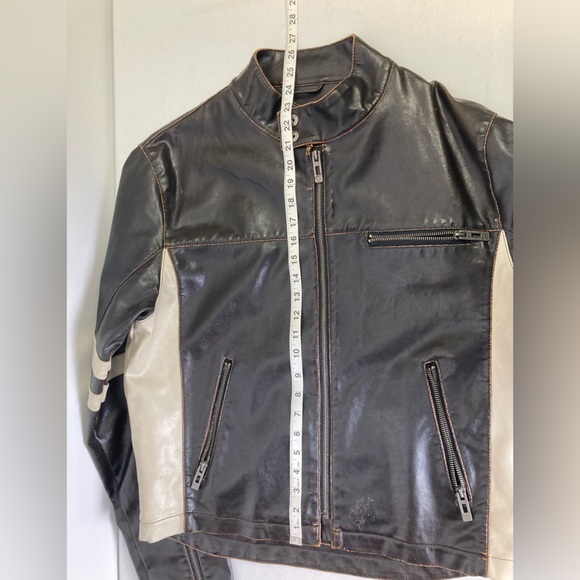 Vintage Men’s Brown Bomber Jacket w Cream Sides and Stripes on Sleeves, Large - Picture 13 of 15